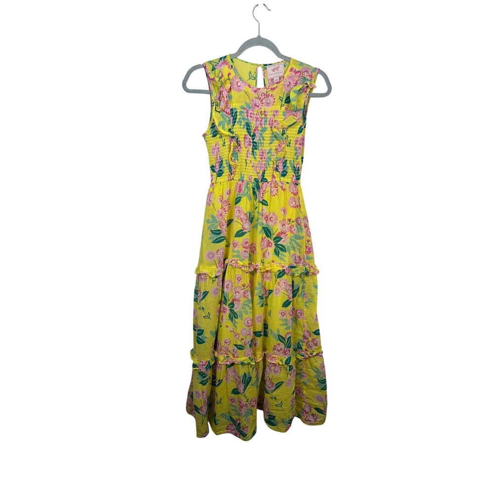 Banjanan Floral Midi Dress Womens S Yellow Excellent Smocked Ruffle Cotton Boho